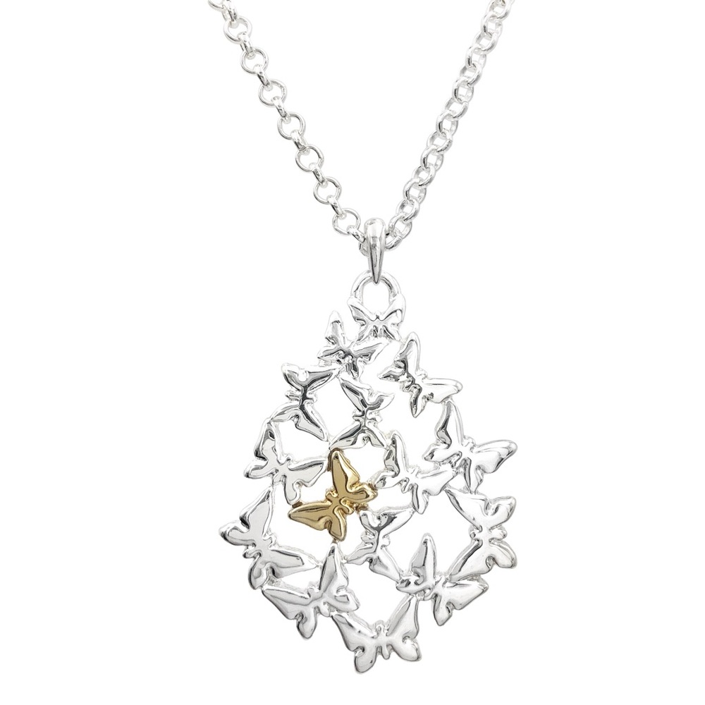 Butterfly Cluster Teardrop Silver & Gold Tone Necklace